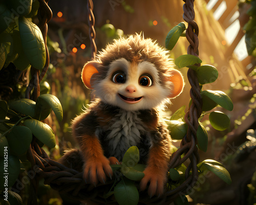 3d rendering of a cute little monkey sitting in a basket.