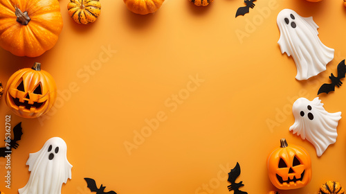 Halloween background with pumpkins, ghost and bats