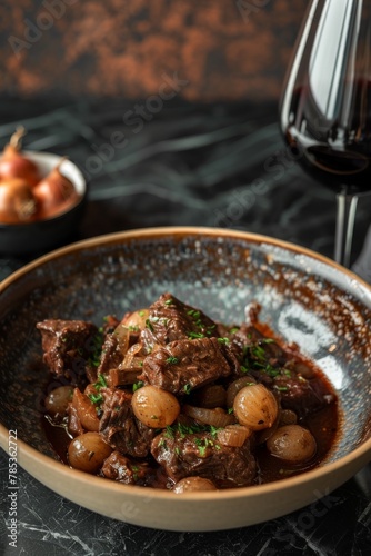 Hearty beef bourguignon, slowcooked, pearl onions, red wine reduction