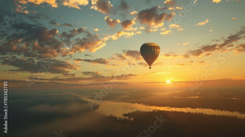 Highaltitude balloon with the dreaminess of clouds, drifting over a tranquil landscape, early morning hues painting a peaceful backdrop photo