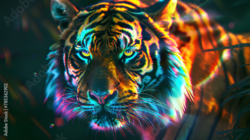Close-up portrait of a magnificent tiger. bokeh. rainbow neon highlights