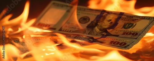 Burning hundred dollar bills close up view