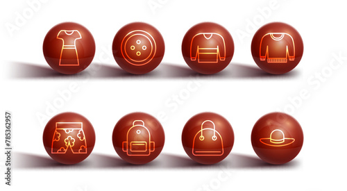 Set line Woman dress, Swimming trunks, Sweater, Handbag, School backpack, Sewing button for clothes, Elegant women hat and icon. Vector