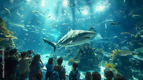 Rear silhouette of a person watching whale shark and looking at the variety of sea fish life in Osaka Aquarium Kaiyukan. Whale shark swim in one of the largest aquarium photo