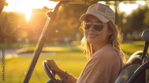 A beautiful woman sitting in a golf cart on the course, enjoying her game at a luxury country club with golden hour sunlight.