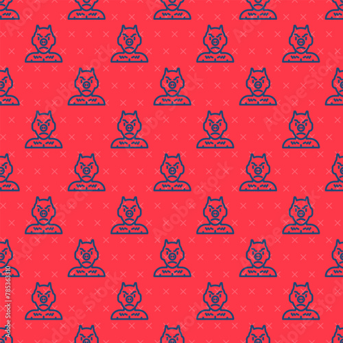 Blue line Krampus, heck icon isolated seamless pattern on red background. Horned devil. Traditional Christmas devil. Happy Halloween party. Vector