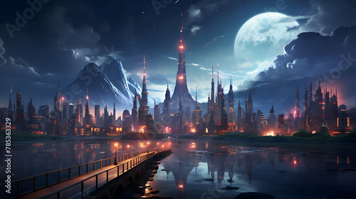 Fantasy Landscape of the ancient city at night with full moon