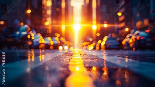 Downtown Glow: Sunset Reflected on Rainy City Streets - ai generated