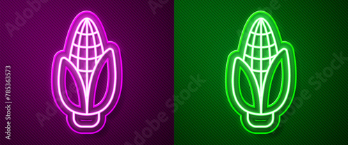 Glowing neon line Corn icon isolated on purple and green background. Vector