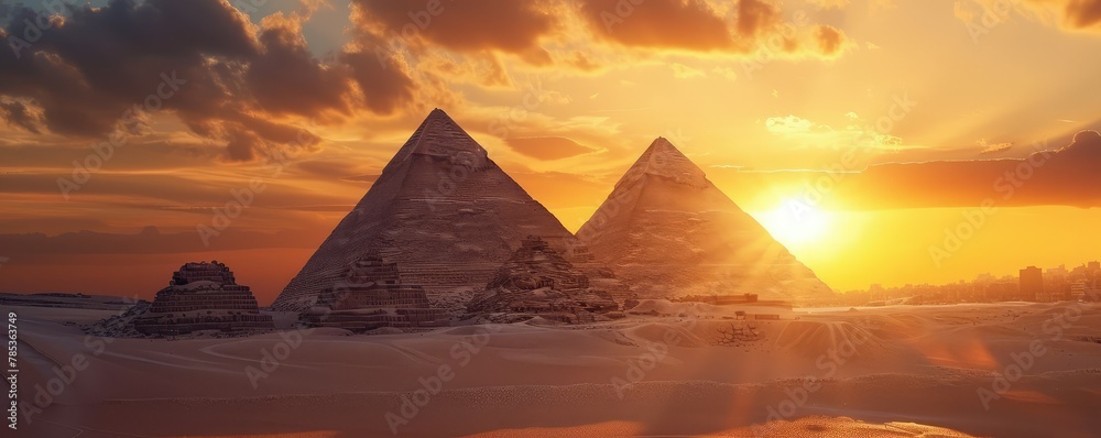 Ancient Egyptian pyramids at sunset - obrazy, fototapety, plakaty 