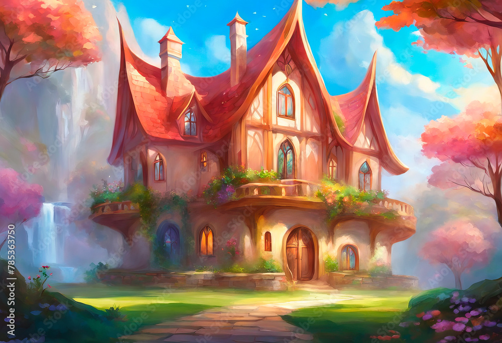 Fototapeta premium Colorful illustration of a fairytale house in fantasy art style.
