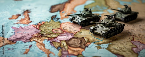 Miniature tanks on a world map board game photo