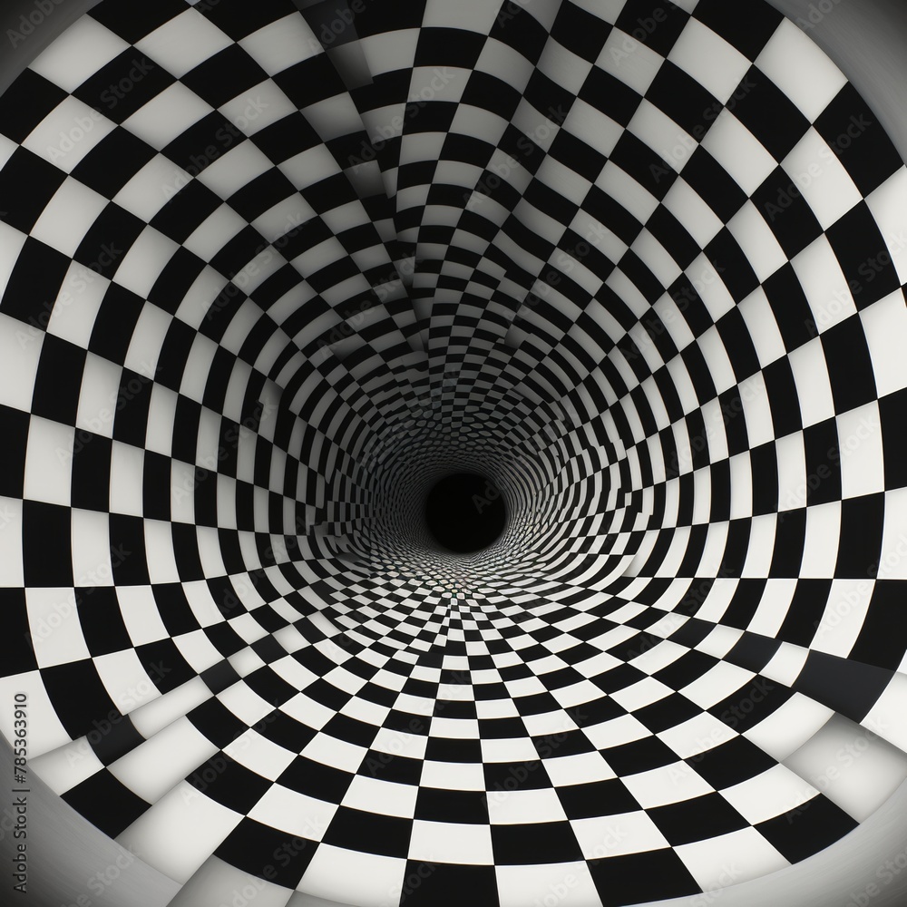 Hypnotic black and white spiral tunnel graphic, suggesting themes of illusion, infinite depth, and abstract art Hypnotic black and white spiral tunnel graphic, suggesting themes of illusion, infinite depth, and abstract art