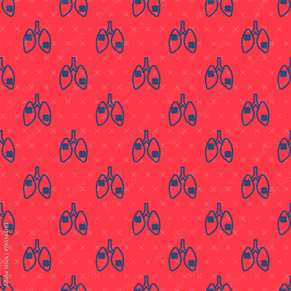 Blue line Disease lungs icon isolated seamless pattern on red background. Vector Blue line Disease lungs icon isolated seamless pattern on red background. Vector