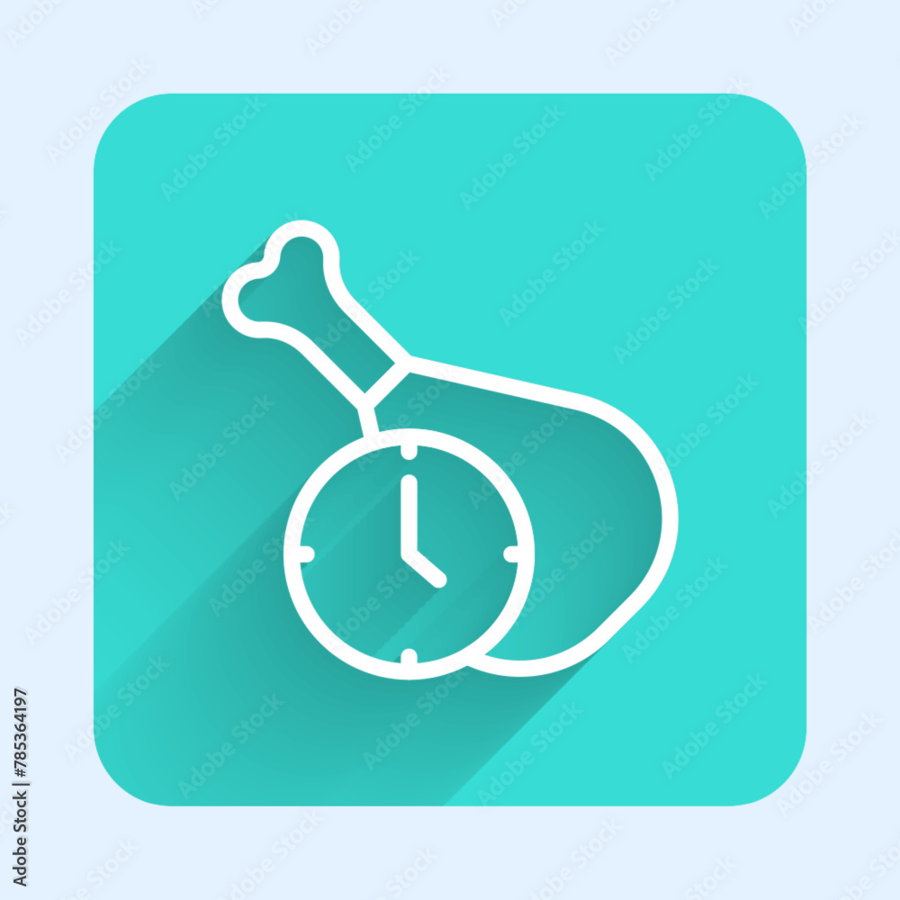 White line Food time icon isolated with long shadow background. Time to eat. Green square button. Vector White line Food time icon isolated with long shadow background. Time to eat. Green square button. Vector