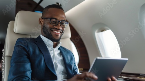Smiling happy businessman flying and working in an airplane in first class.
