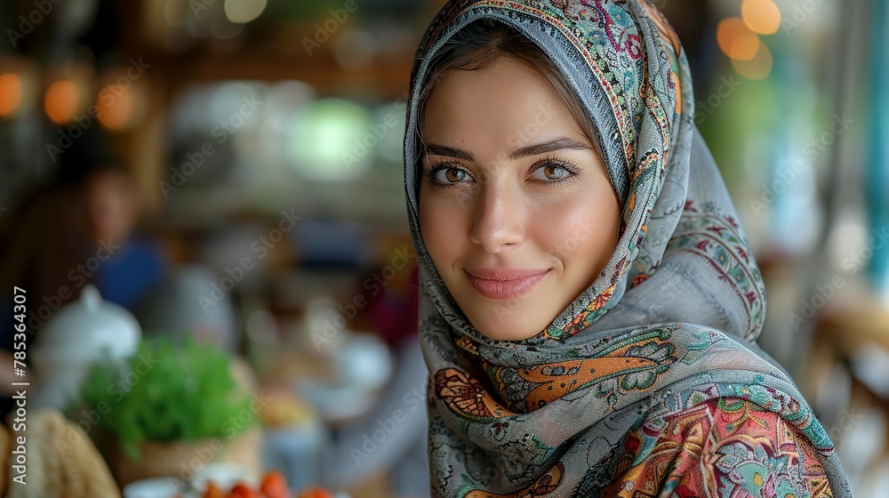 Cheerful Muslim woman enjoys in lunch with her family at home Cheerful Muslim woman enjoys in lunch with her family at home