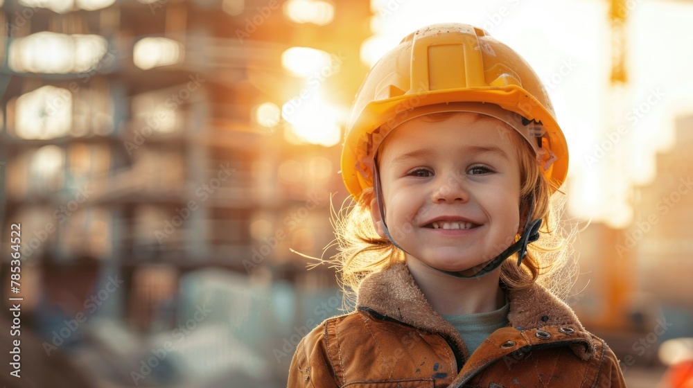 Portrait of a happy little child in a construction helmet. Portrait of a happy little child in a construction helmet.