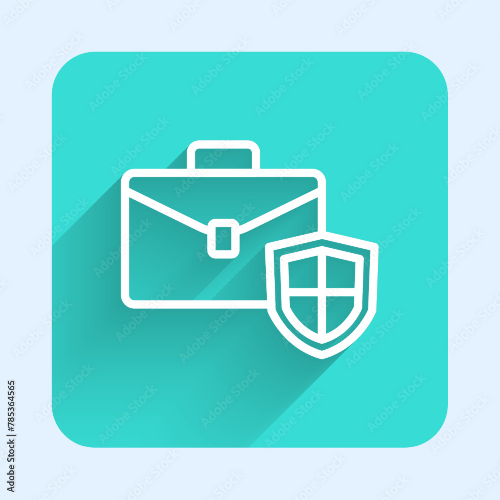 White line Briefcase with shield icon isolated with long shadow background. Insurance concept. Security, safety, protection, protect concept. Green square button. Vector White line Briefcase with shield icon isolated with long shadow background. Insurance concept. Security, safety, protection, protect concept. Green square button. Vector