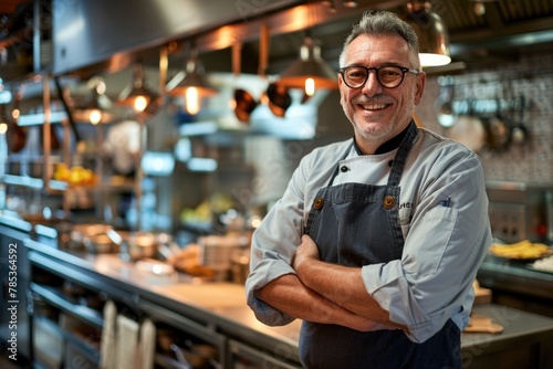 A smiling chef standing with arms crossed in a restaurant kitchen.