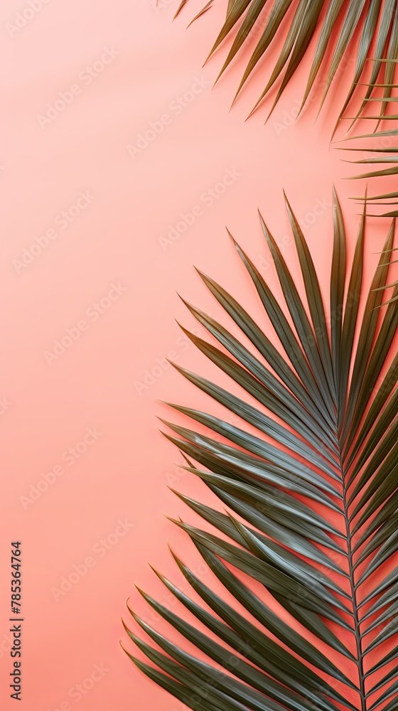 Palm leaf on a coral background with copy space for text or design. A flat lay, top view. A summer vacation concept