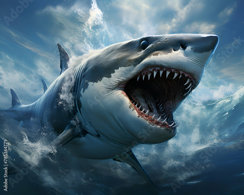 Great White Shark in deep blue ocean. 3D Rendering.