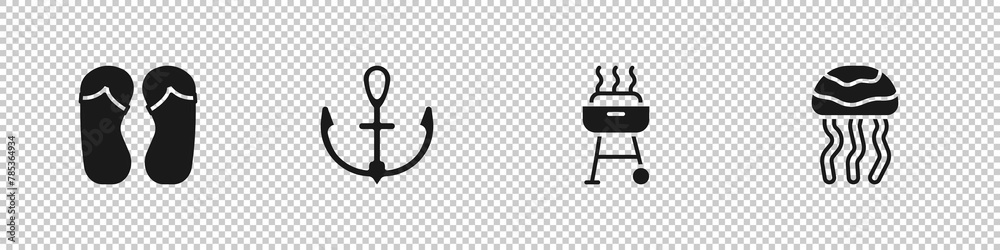 Set Flip flops, Anchor, Barbecue grill and Jellyfish icon. Vector Set Flip flops, Anchor, Barbecue grill and Jellyfish icon. Vector