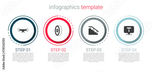 Set Skateboard wheel, ball bearing, stairs with rail and T tool. Business infographic template. Vector