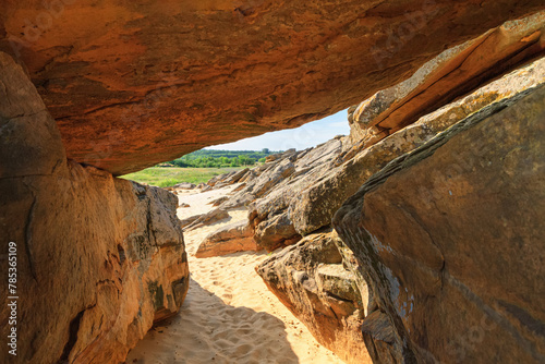 Natural landscape - close up view of sandstone boulders, a fragment of the bottom of an ancient prehistoric sea, ancient place of worship, archeological preserve Kamyana Mohyla, Ukraine