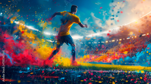 Soccer players in a soccer stadium with a colorful background photo