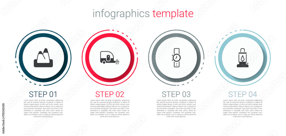 Set Mountains, Rv Camping trailer, Wrist watch and lantern. Business infographic template. Vector Set Mountains, Rv Camping trailer, Wrist watch and lantern. Business infographic template. Vector