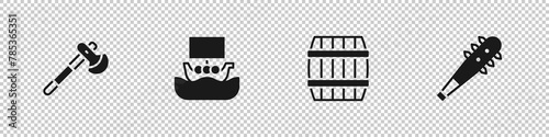 Set Wooden axe, Viking ship Drakkar, barrel and Mace with spikes icon. Vector