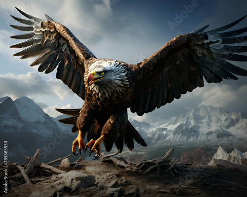 3D rendering of a bald eagle flying in the sky with mountains in the background