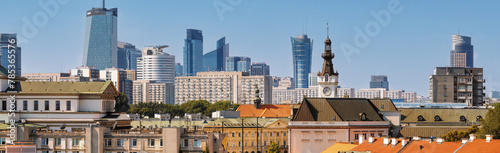 Cityscape, panorama, banner - top view of the district of Srodmiescie in the center Warsaw, Poland