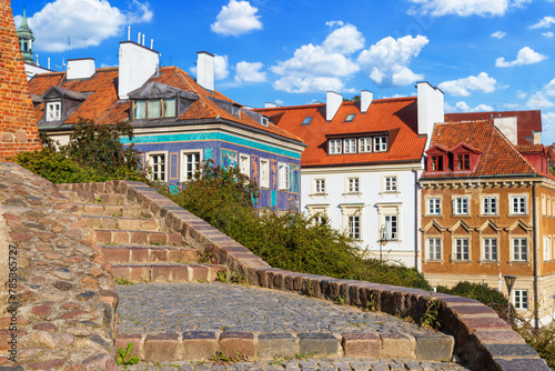 Cityscape - view of the stone staircase next to the fortress wall in the Old Town of Warsaw, Poland