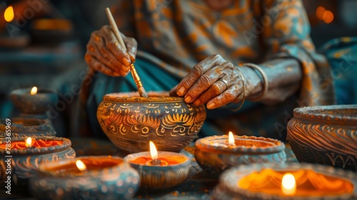 Skilled Artisan Crafting Diwali Earthen Lamps with Vibrant Colors, Capturing the Essence of Tradition and Celebratory Spirit.