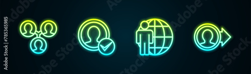 Set line Project team base, Create account screen, Head hunting and . Glowing neon icon. Vector