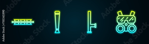 Set line Barbed wire, Police rubber baton, and Gas mask. Glowing neon icon. Vector