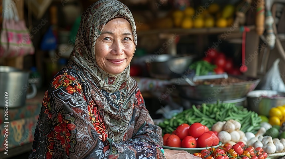 Cheerful Muslim woman enjoys in lunch with her family at home