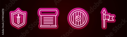 Set line Medieval shield with sword, Decree, parchment, scroll, Round wooden and spear. Glowing neon icon. Vector