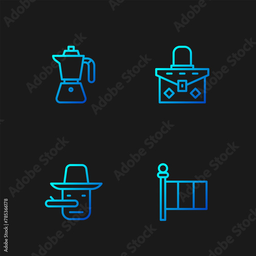 Set line Flag Italy, Pinocchio, Coffee moca pot and Handbag. Gradient color icons. Vector