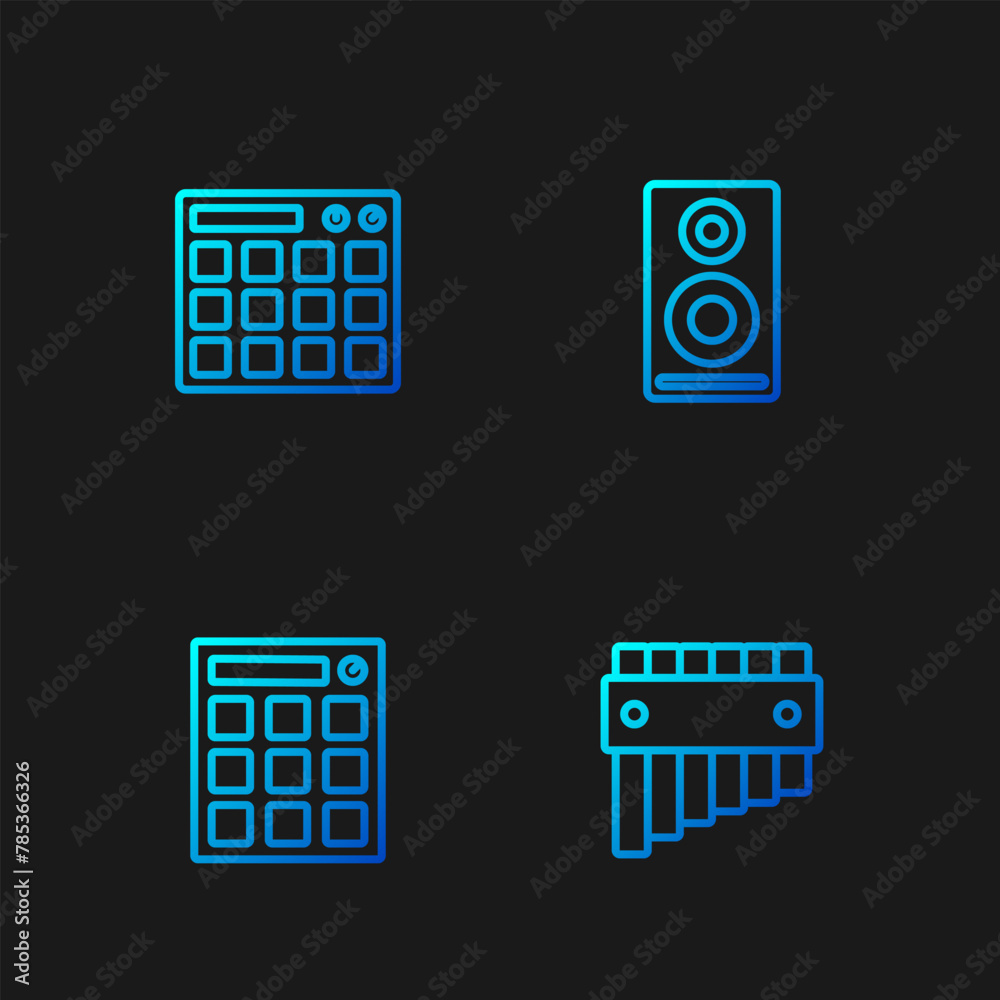 Set line Pan flute, Drum machine, and Stereo speaker. Gradient color icons. Vector Set line Pan flute, Drum machine, and Stereo speaker. Gradient color icons. Vector