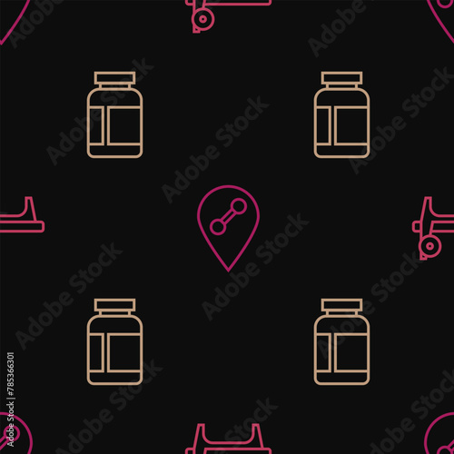 Set line Bench with barbel, Sports nutrition and Location gym on seamless pattern. Vector