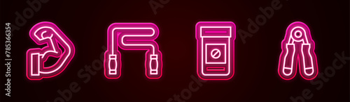 Set line Bodybuilder muscle, Jump rope, Anabolic drugs and Sport expander. Glowing neon icon. Vector