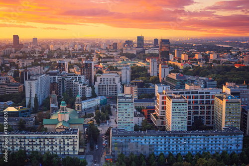 Cityscape at sunset - top view of central Warsaw, the neighbourhood of Zelazna Brama, located within Srodmiesciee district in Warsaw, Poland