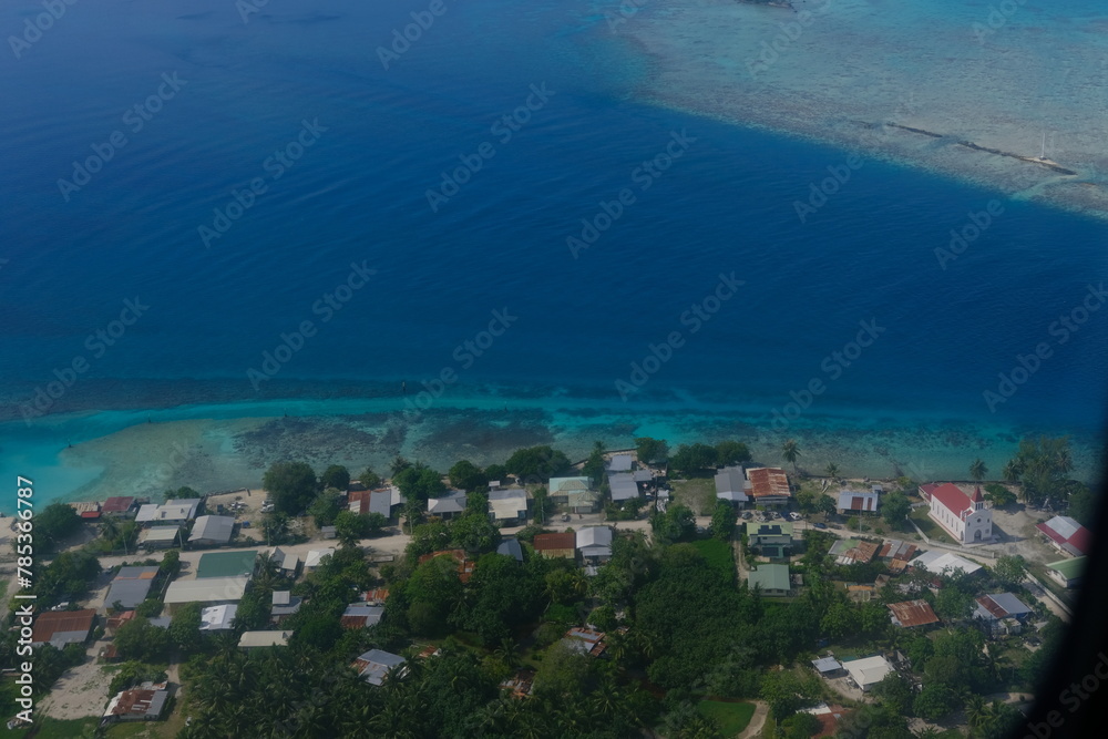 An aerial view of the lagoon of Rangiroa. French Polynesia - November 9, 2022. 