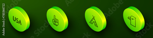 Set Isometric line USA label, Number 1 one fan hand glove, Indian teepee or wigwam and Eagle head icon. Vector