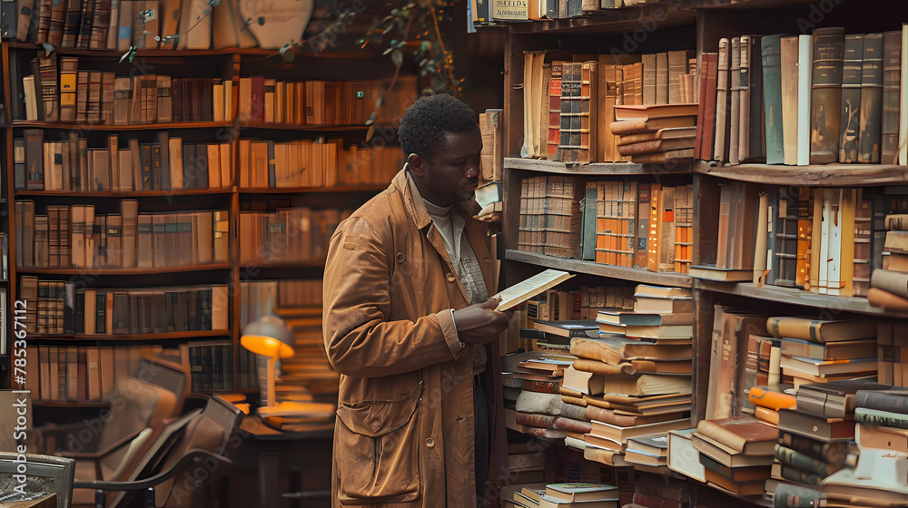 Young man choosing book on shelf in home library Young man choosing book on shelf in home library