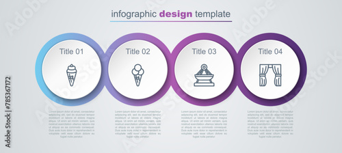 Set line Ice cream in waffle cone, , Boat swing and Circus curtain raises. Business infographic template. Vector