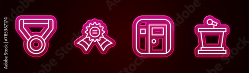 Set line Medal, , School classroom and Stage stand. Glowing neon icon. Vector